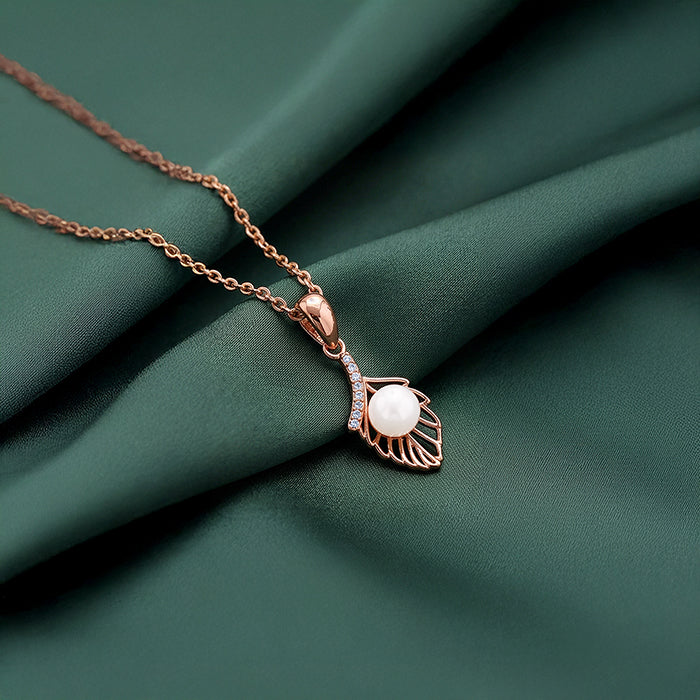Rose Gold Pearl-fect Leaf Pendant With Link Chain