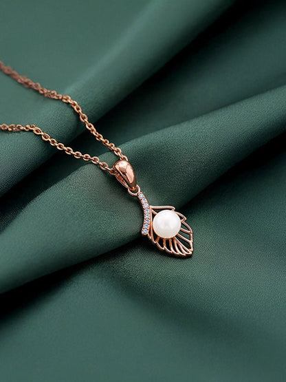 Rose Gold Pearl-fect Leaf Pendant With Link Chain