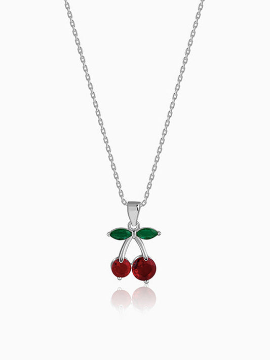 Silver Sweet Cherry Pendant With Link Chain