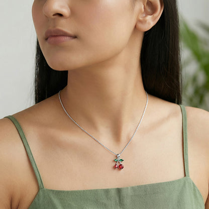 Silver Sweet Cherry Pendant With Link Chain