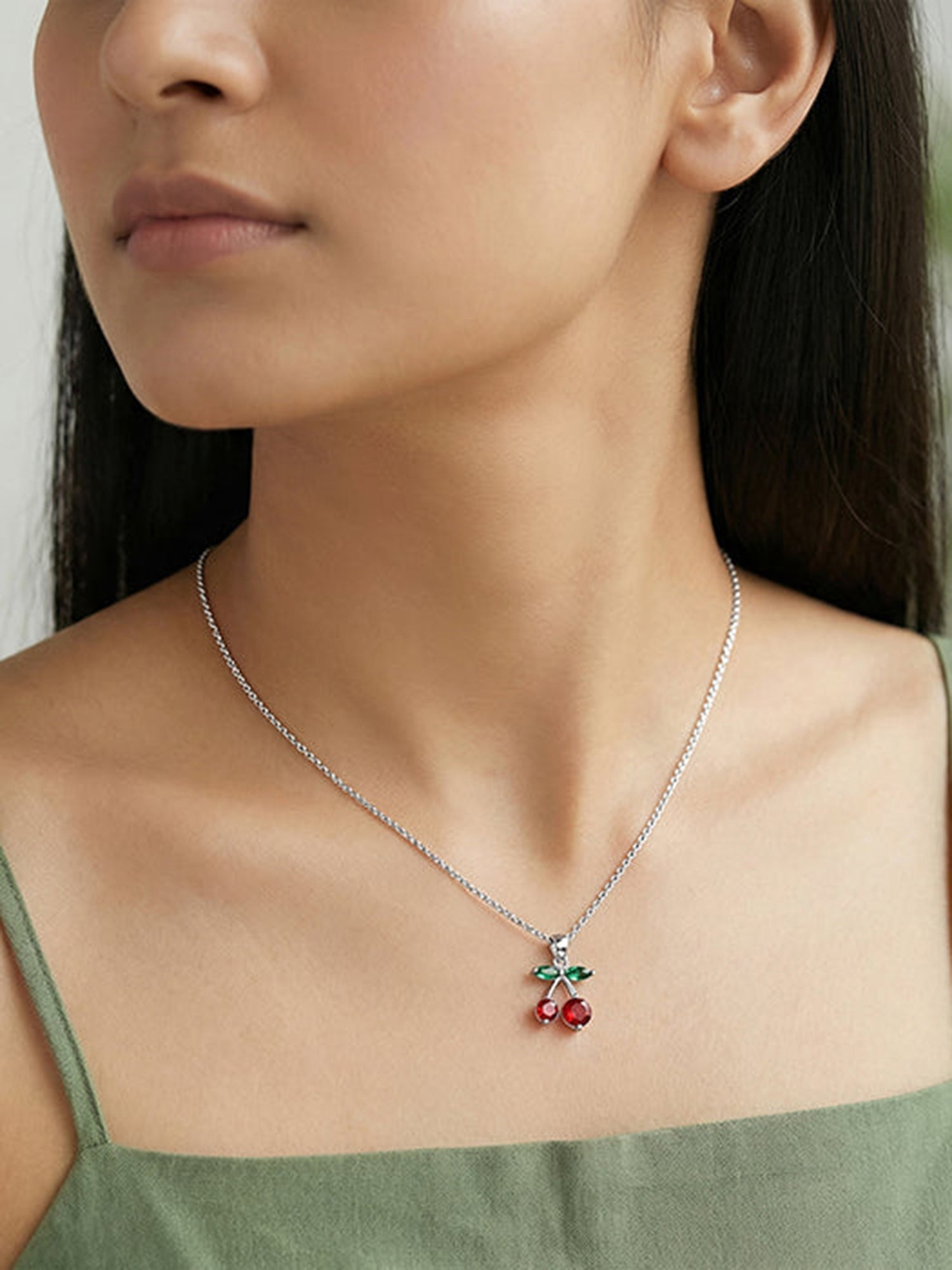 Silver Sweet Cherry Pendant With Link Chain