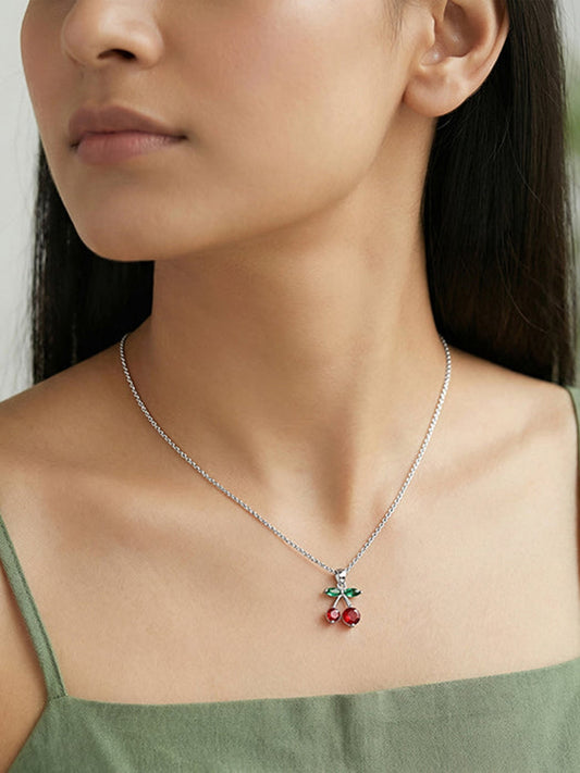 Silver Sweet Cherry Pendant With Link Chain