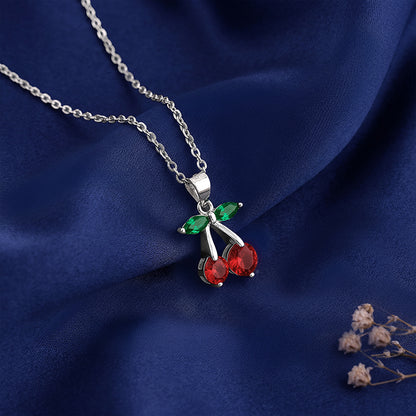 Silver Sweet Cherry Pendant With Link Chain