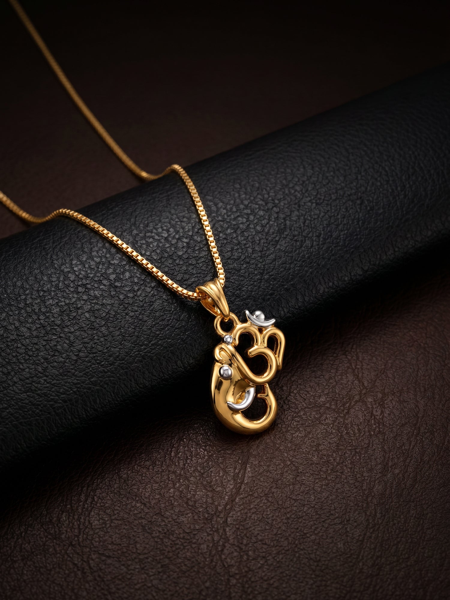 Dual Tone Om Ganesh Silver Pendant With Box Chain For Him
