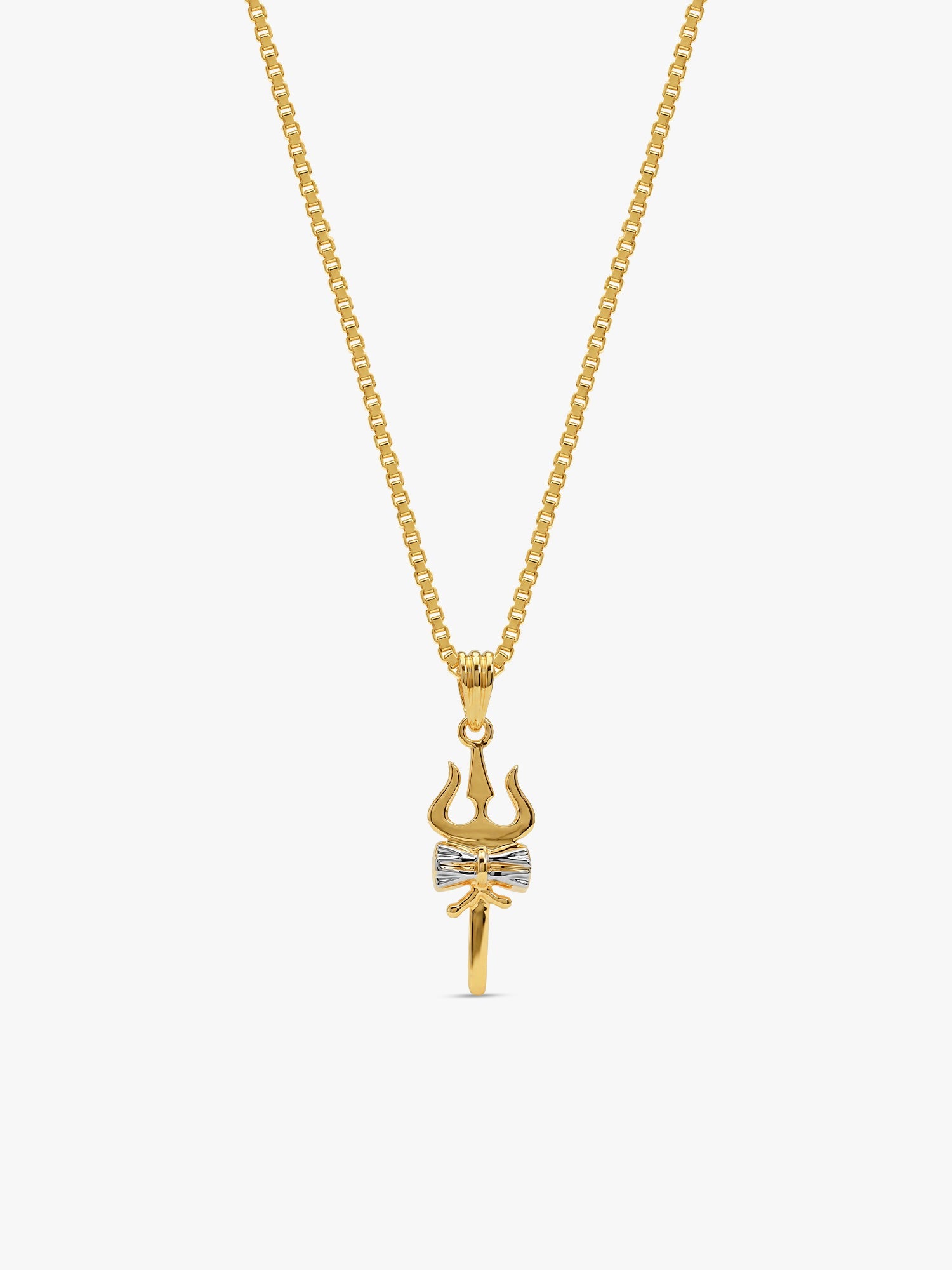Dual Tone Sacred Trishul Silver Pendant With Box Chain For Him