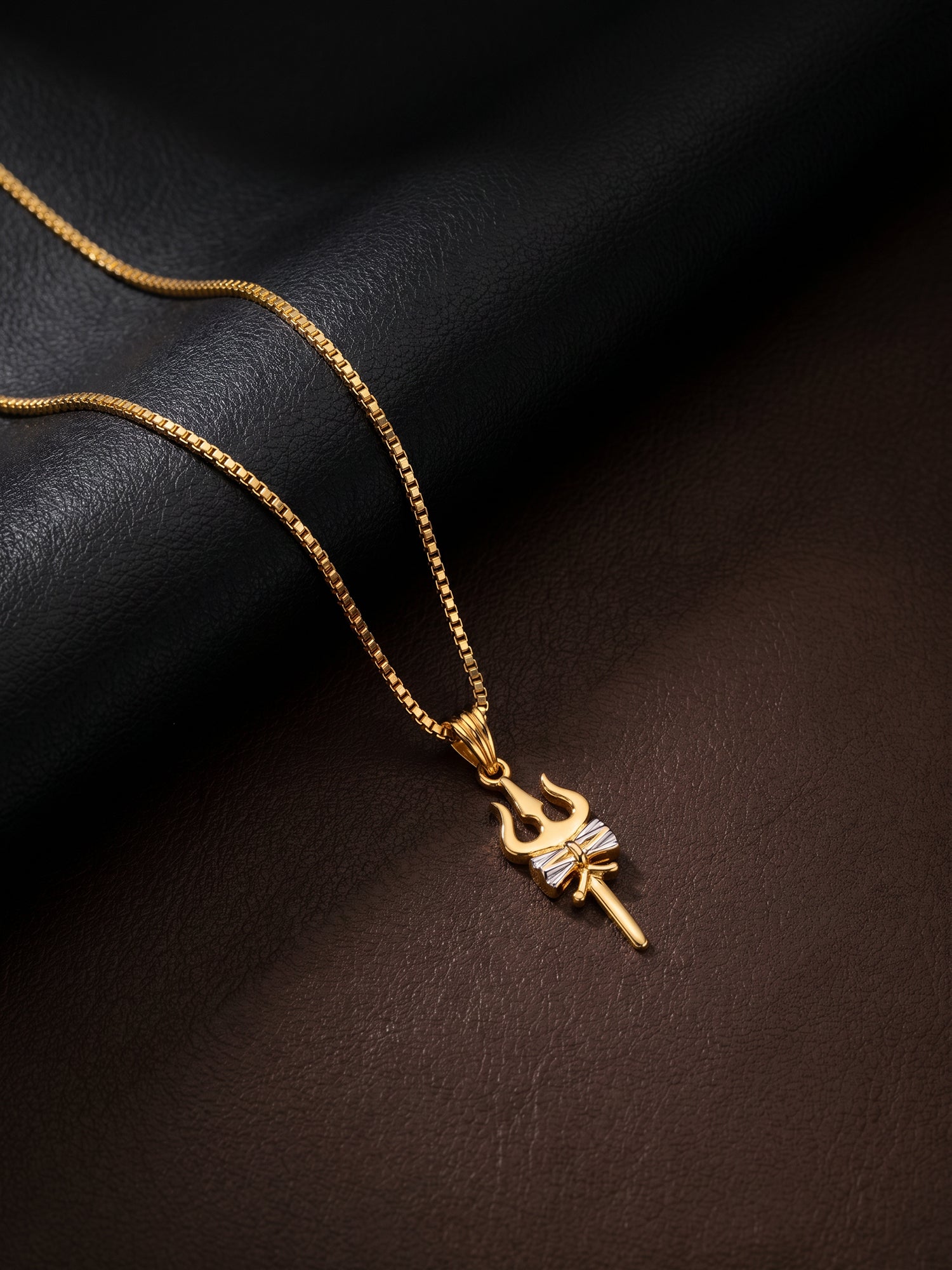 Dual Tone Sacred Trishul Silver Pendant With Box Chain For Him