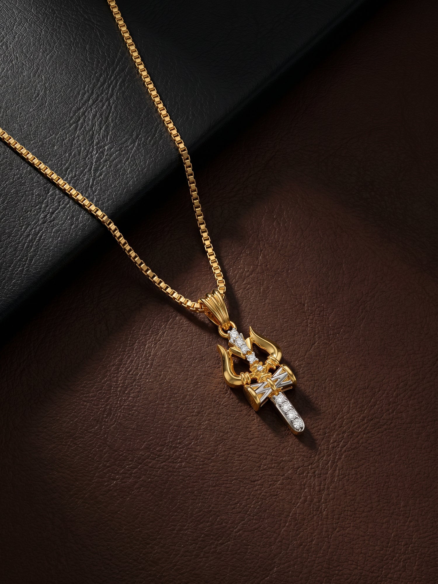 Dual Tone Mahadev Trishul Silver Pendant With Box Chain For Him
