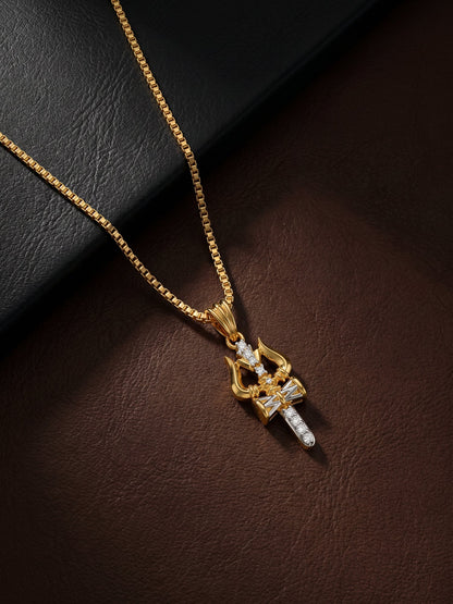 Dual Tone Mahadev Trishul Silver Pendant With Box Chain For Him