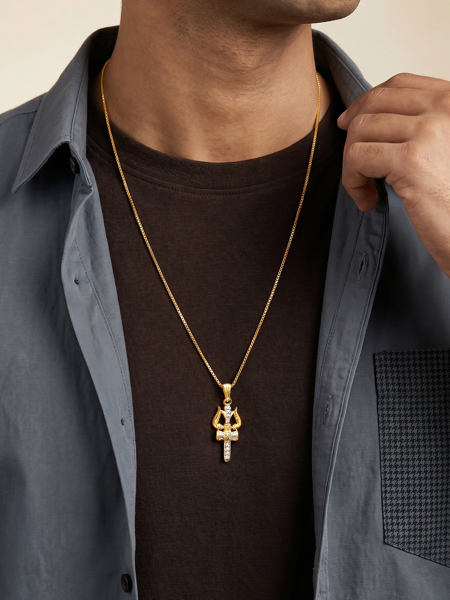 Dual Tone Mahadev Trishul Silver Pendant With Box Chain For Him