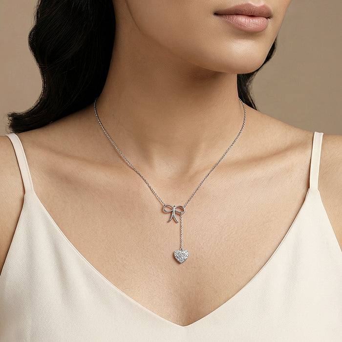 Silver Amora Bow and Heart Lariat Necklace