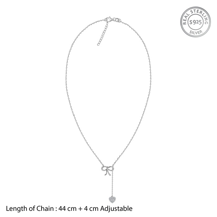 Silver Amora Bow and Heart Lariat Necklace