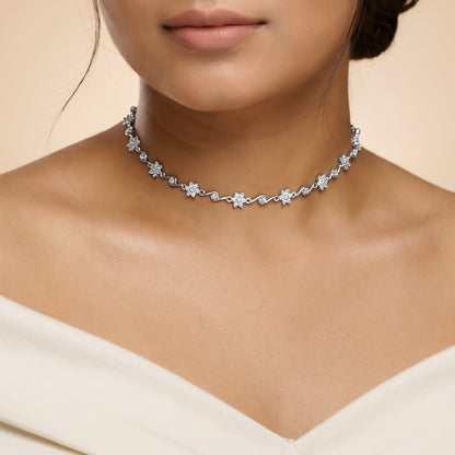 Silver Beauty of Floral Choker Necklace