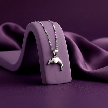 Silver Smiling Dolphin Pendant With Link Chain