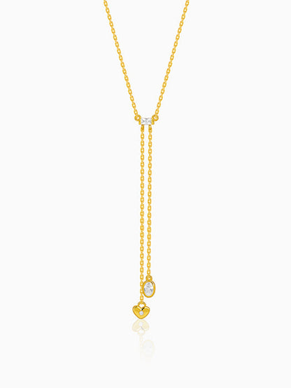 Golden Crystal Heart Lariat Necklace