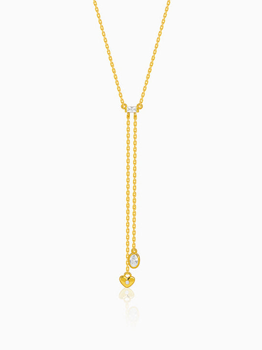 Golden Crystal Heart Lariat Necklace