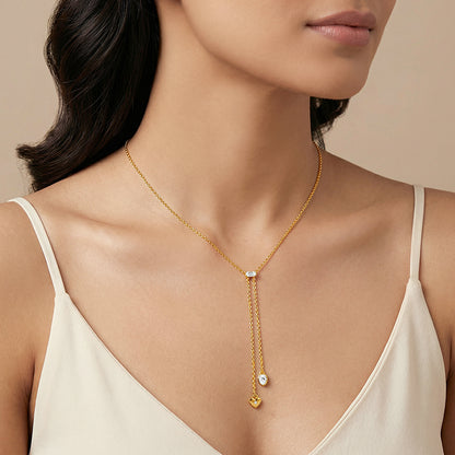Golden Crystal Heart Lariat Necklace