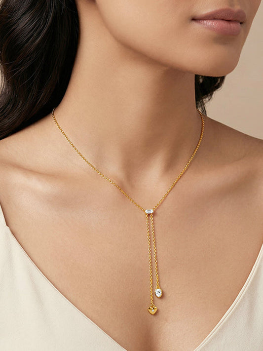 Golden Crystal Heart Lariat Necklace