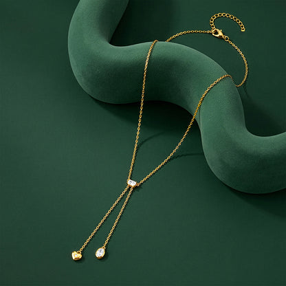 Golden Crystal Heart Lariat Necklace