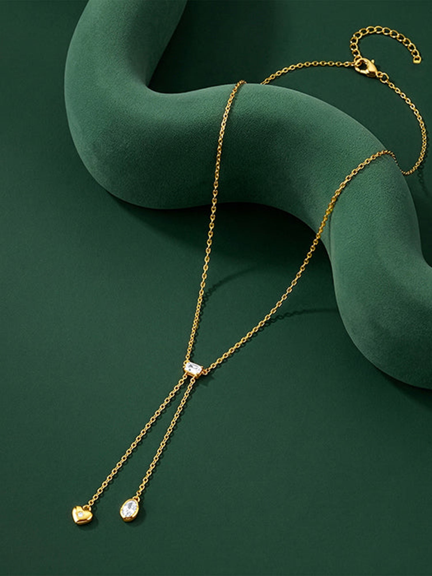 Golden Crystal Heart Lariat Necklace
