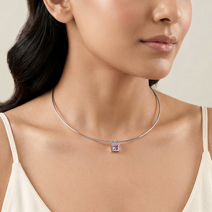 Silver Pink Zircon Square Hasli Necklace