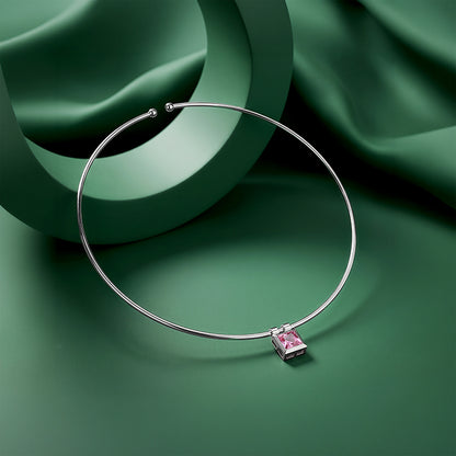 Silver Pink Zircon Square Hasli Necklace