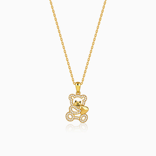 Golden Teddy Hug Pendant With Link Chain