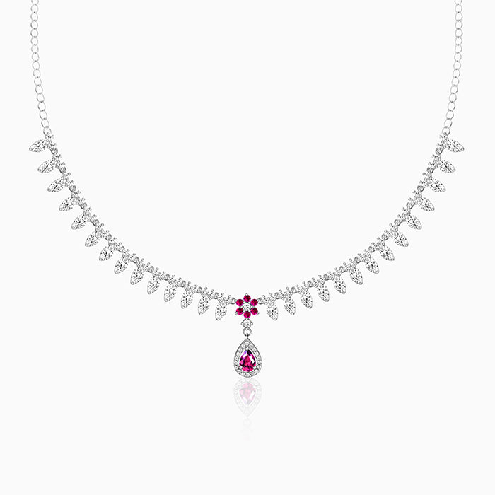 Silver Pink Flower Drop Necklace - Image 1