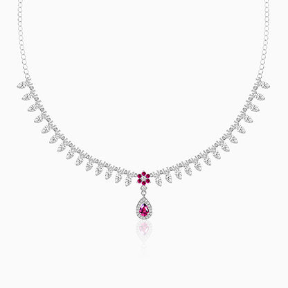 Silver Pink Flower Drop Necklace