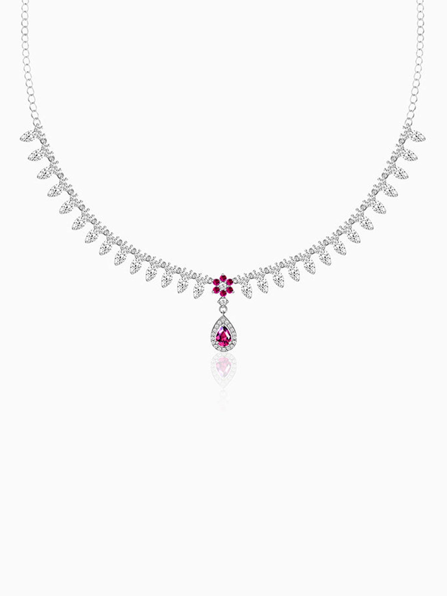 Silver Pink Flower Drop Necklace