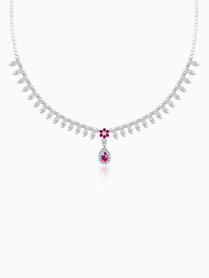 Silver Pink Flower Drop Necklace