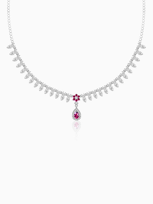 Silver Pink Flower Drop Necklace