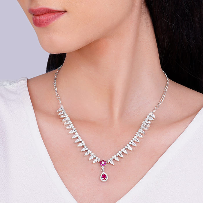 Silver Pink Flower Drop Necklace