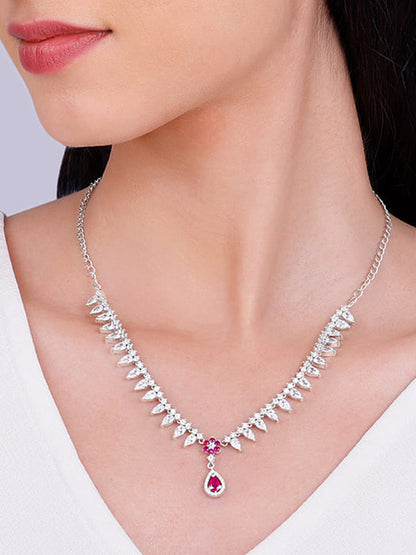 Silver Pink Flower Drop Necklace