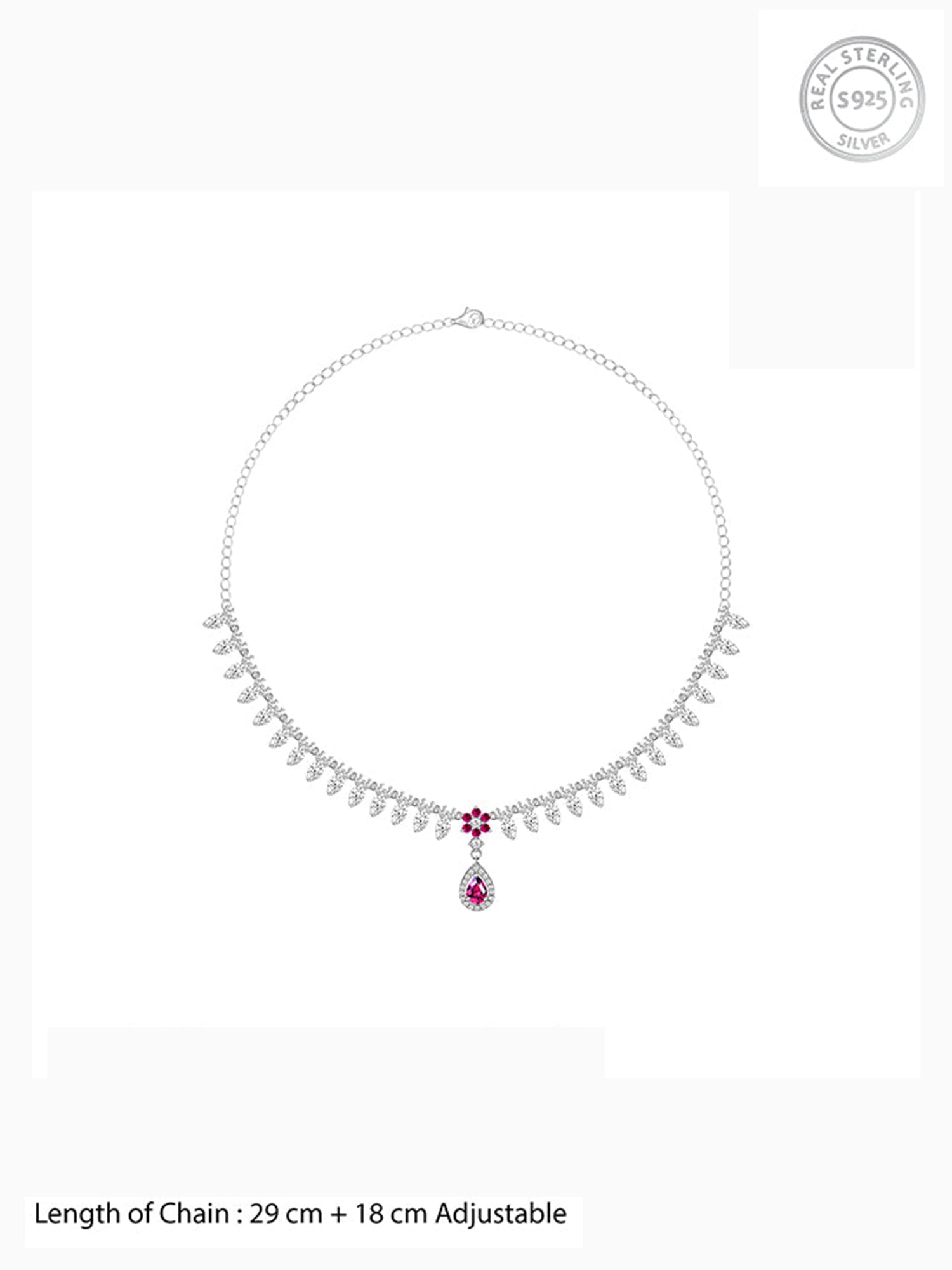 Silver Pink Flower Drop Necklace