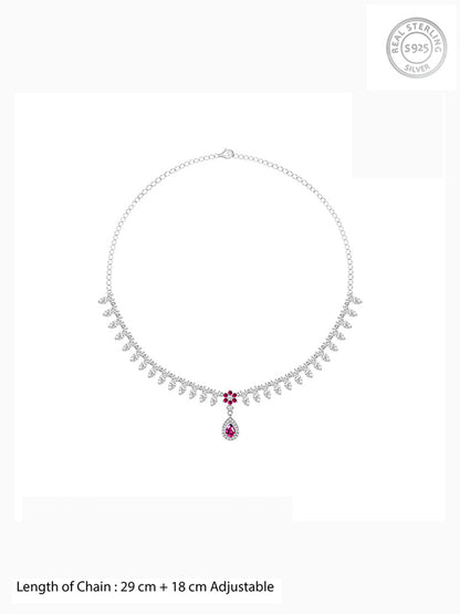 Silver Pink Flower Drop Necklace