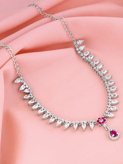 Silver Pink Flower Drop Necklace