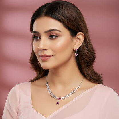 Silver Pink Flower Drop Solitaire Set