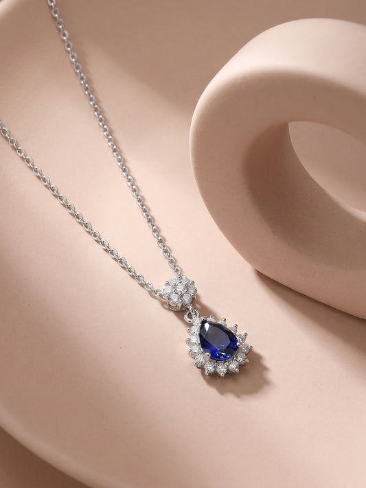 Silver Floral Royal Blue Drop Pendant