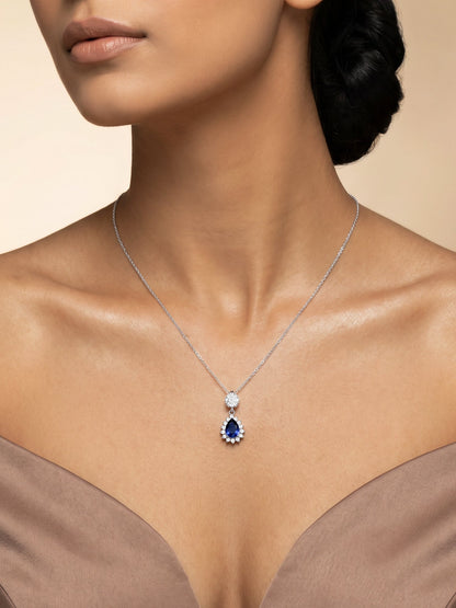 Silver Floral Royal Blue Drop Pendant