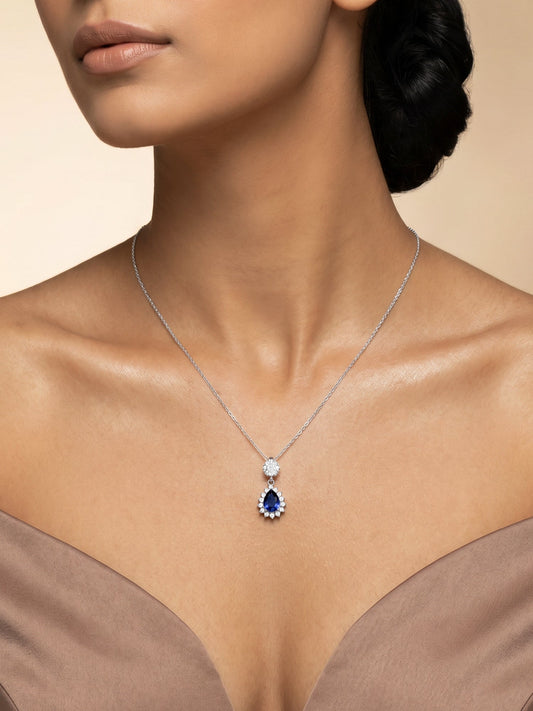 Silver Floral Royal Blue Drop Pendant
