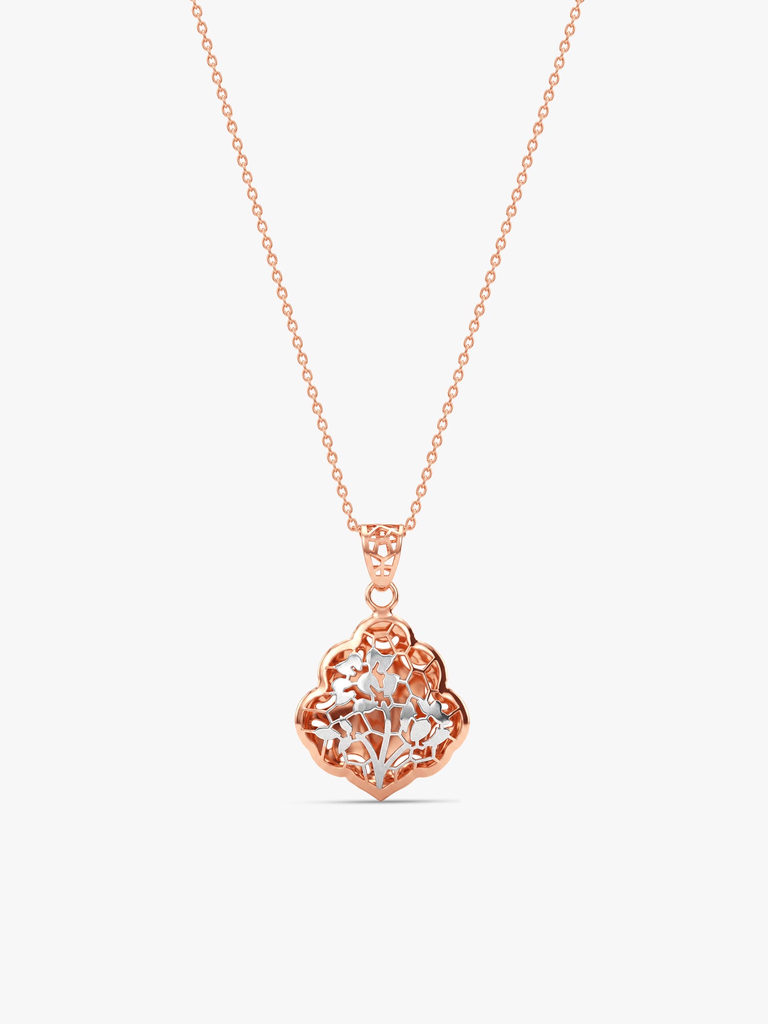 Dual Tone Floral Frame Silver Pendant With Link Chain
