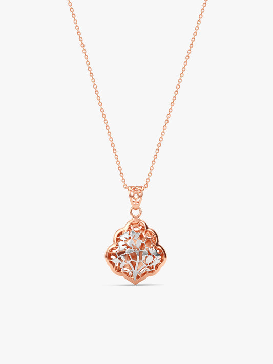 Dual Tone Floral Frame Silver Pendant With Link Chain