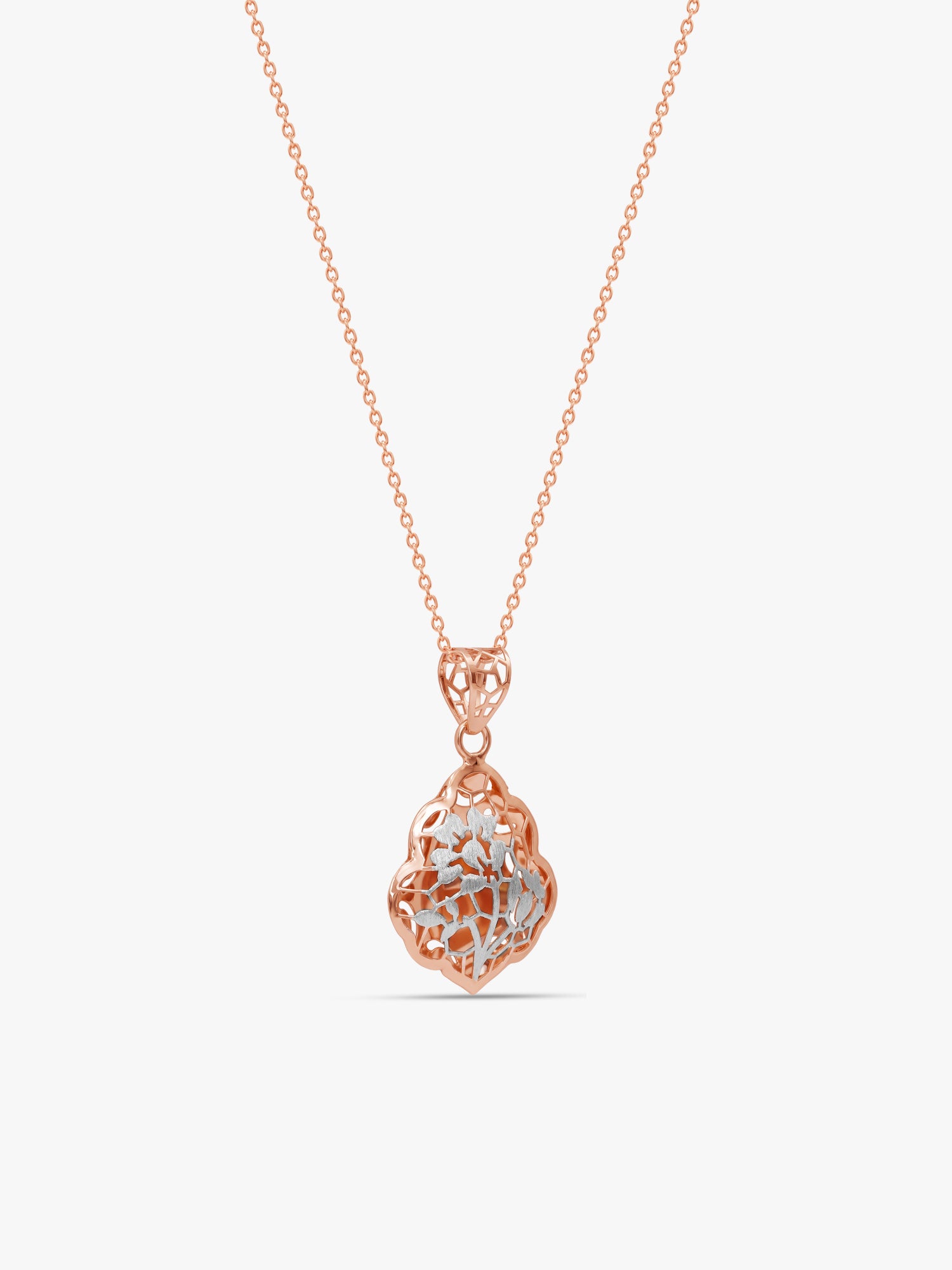 Dual Tone Floral Frame Silver Pendant With Link Chain