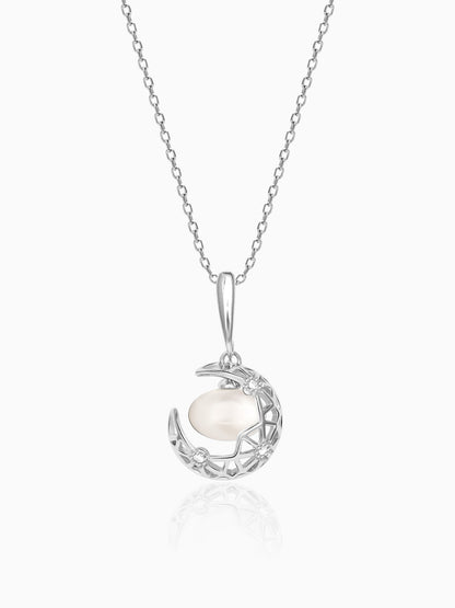 Silver Filigree Pearl Crescent Pendant with Link Chain