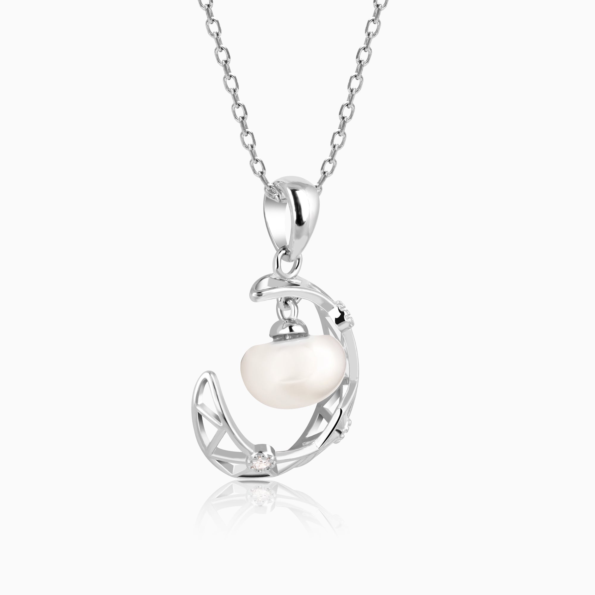 Silver Filigree Pearl Crescent Pendant with Link Chain - view 4