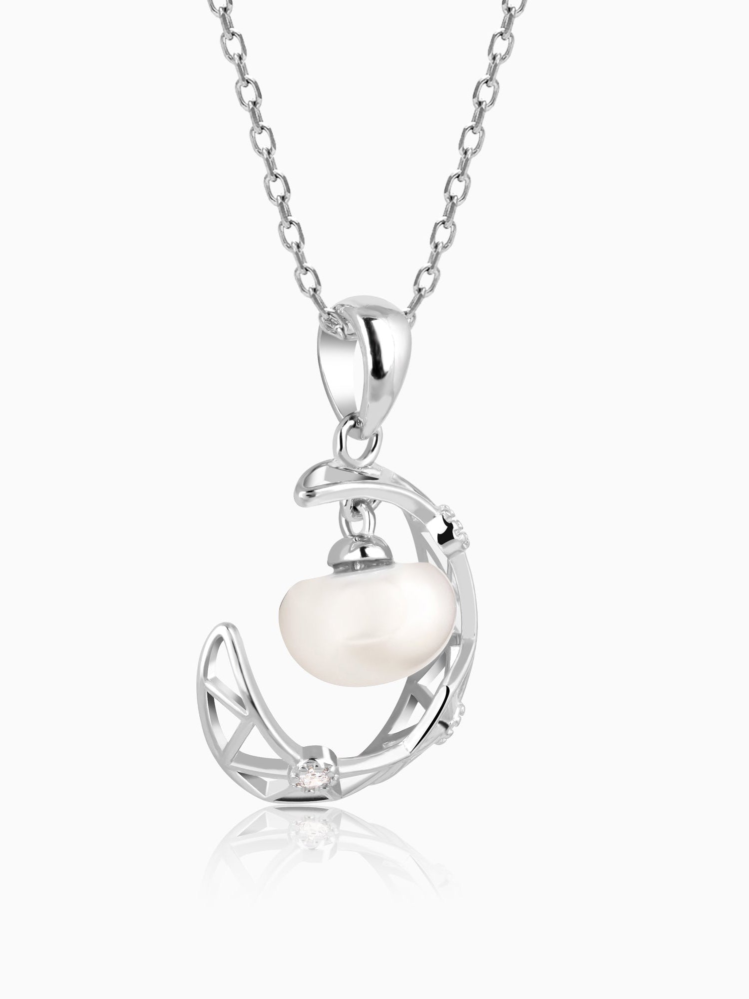 Silver Filigree Pearl Crescent Pendant with Link Chain