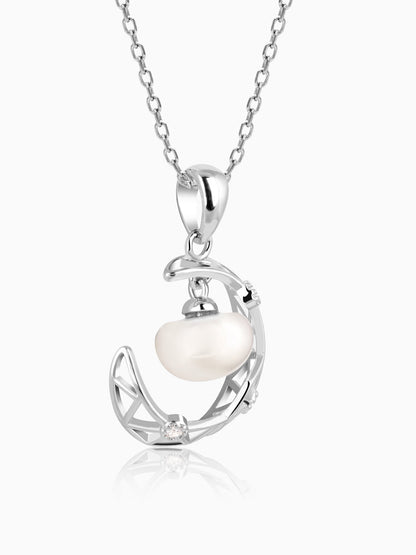 Silver Filigree Pearl Crescent Pendant with Link Chain