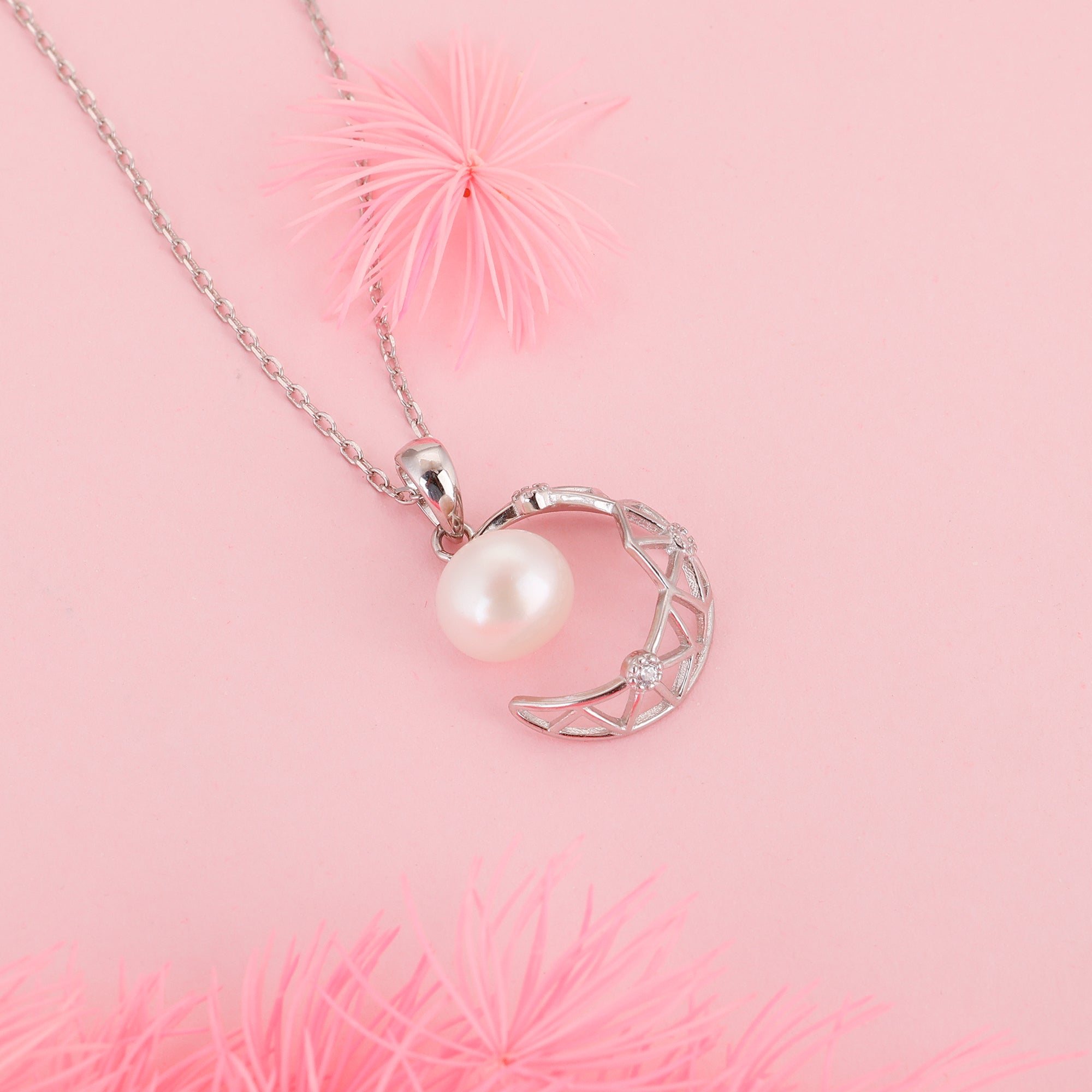 Silver Filigree Pearl Crescent Pendant with Link Chain - view 2