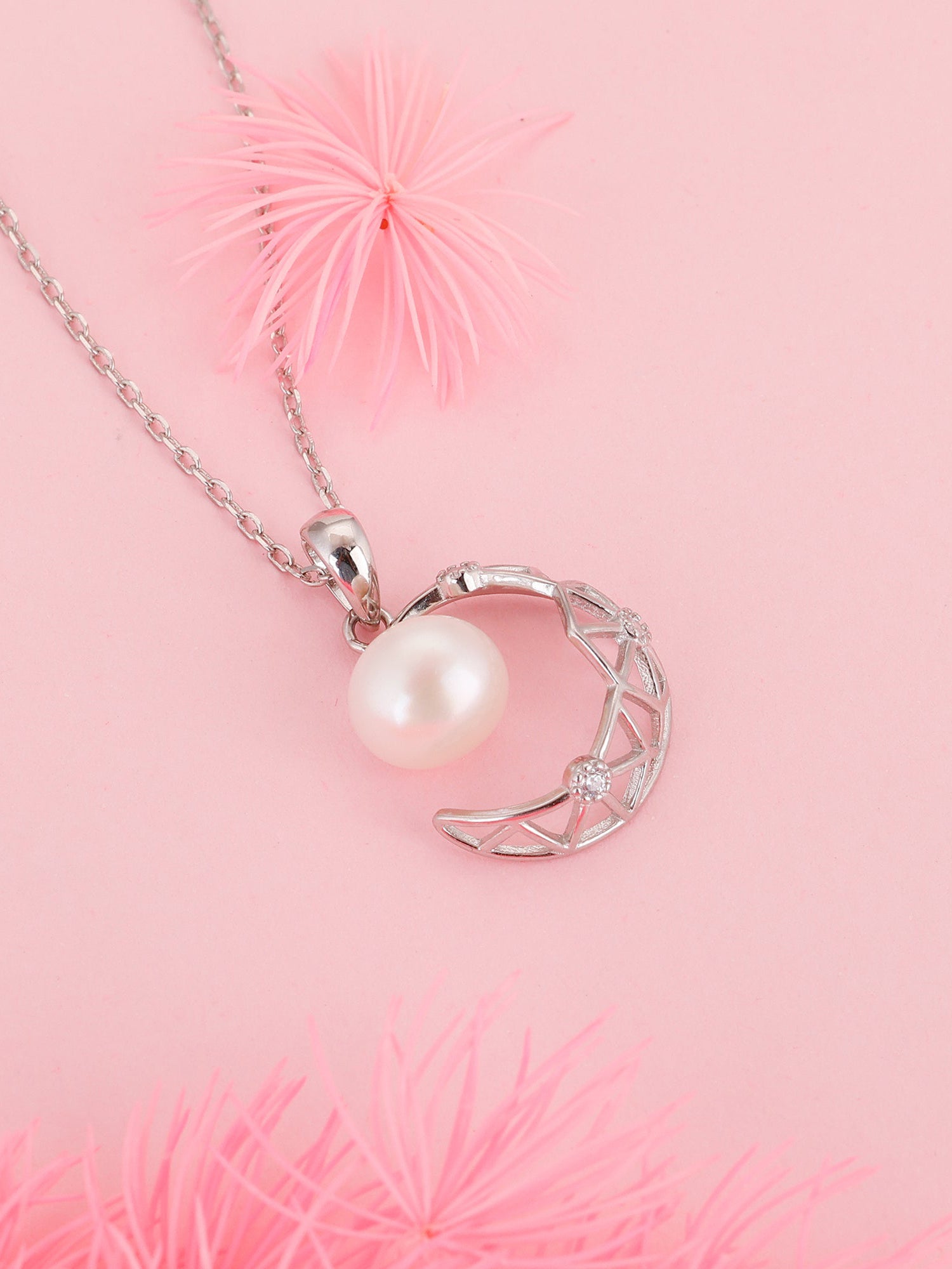 Silver Filigree Pearl Crescent Pendant with Link Chain