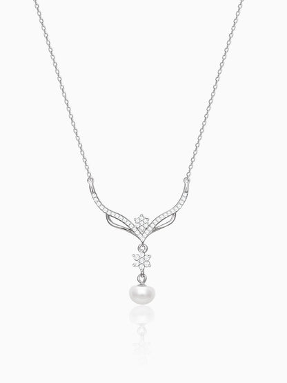 Silver Floral Studded Pearl Necklace
